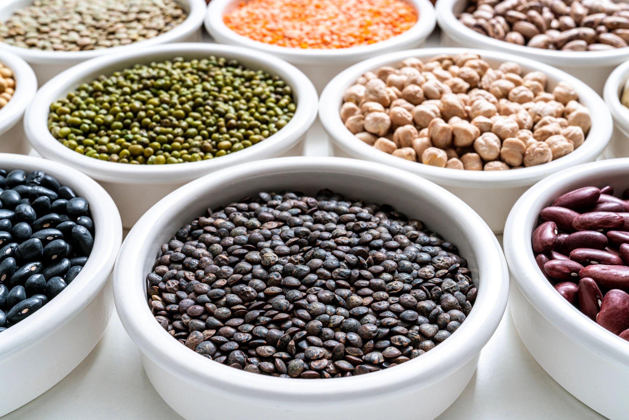 Assorted pulses and lentils in bowls